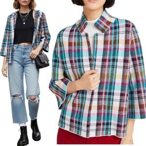 Anthropologie Blue Plaid Cardigan Blazer Size M